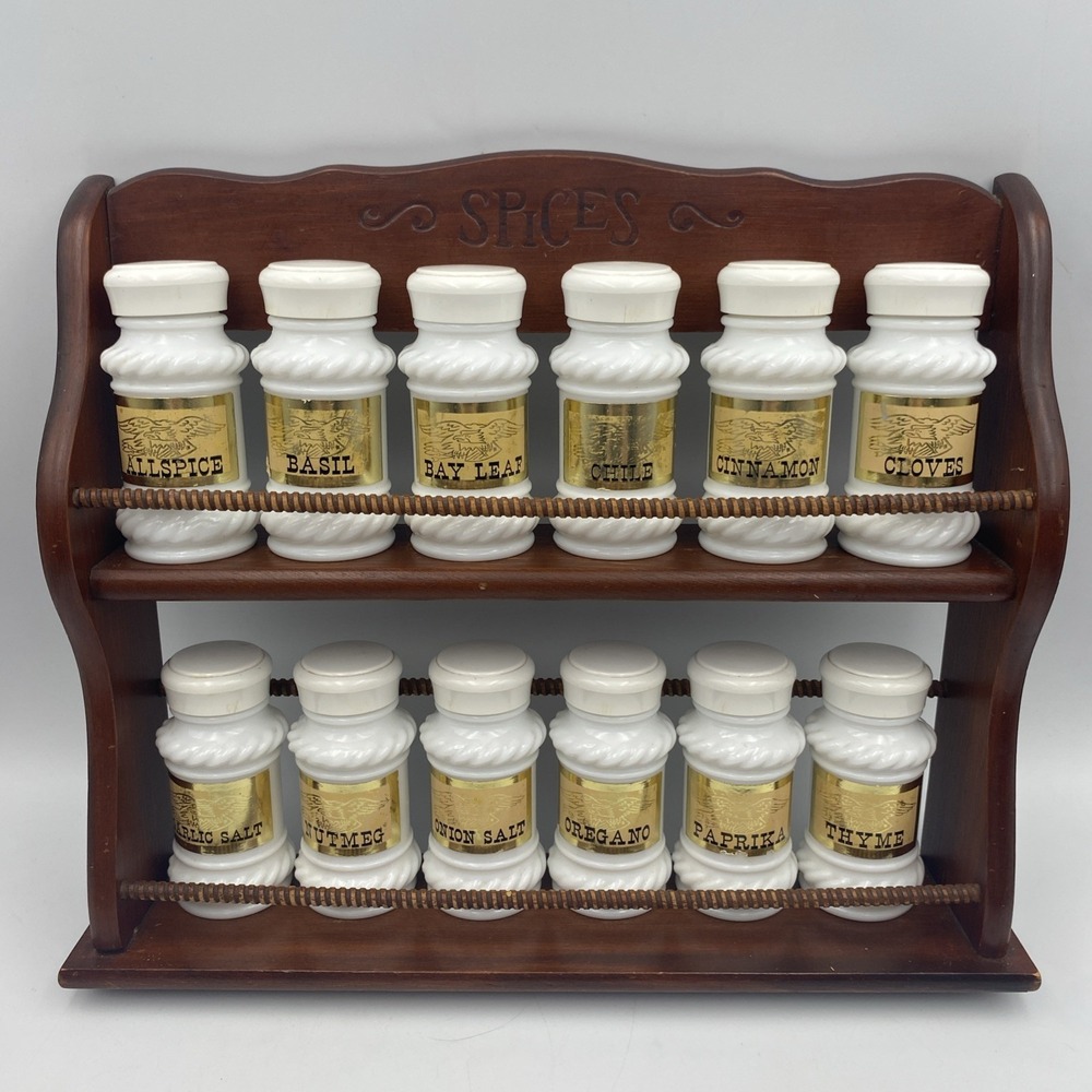 Vintage Wooden‎ Spice Rack with 12 Milk Glass Spice Jars